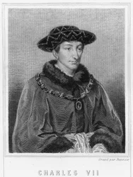 Porträtt av Karl VII (1403 - 1461), kung av Frankrike - i "Histoire des Français"" av Lavallée, gravyr, sd.