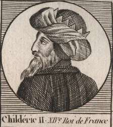 Porträtt av Childeric II, frankernas kung från 670 till 673 - CHILDERIC II 655-675 kung merovinger av Frankrike och Austrasien - gravyr från "" Instruction sur l