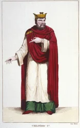 Porträtt av Chilperic I (539 - 584), gravyr av kung av Neustrien 1830