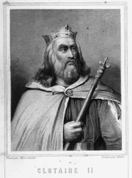 Porträtt av Clotaire (Clothaire) II (584 - 628), kung av Neustrien och kung av frankerna - i "Histoire des Français"" av Lavallée, gravyr, sd.