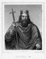 Porträtt av Clovis I (v. 466 - 511), Frankernas kung - i "Histoire des Français"" av Lavallée, gravyr, sd.