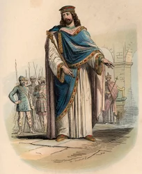 Porträtt av Clovis I (v. 466 - 511), kung av frankerna. Gravyr från 1868 i "Histoire de Belgique från primitiv tid till slutet av Leopold I:s rege"" av Theodore Juste (1818-1888). Privat samling.