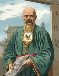 Porträtt av Konfucius på kinesiska Kong Qiu, känd som Kongzi, eller Kongfuzi (v. 551 till v. 479 f.Kr.). Barcelona 1877.
