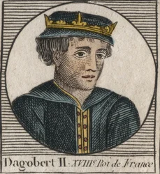 Porträtt av Dagobert II, frankernas kung från 711 till 716 - Dagobert II (676-679), kung av Austrasien - gravyr från "Instruction sur l