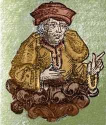 Porträtt av Demosthene, på antik grekiska Demosthenes (Atenes -384 - Calaurie -322), en av de stora antiktalarna, atensk politiker gravyr i "" Liber chronicarum mundi"" (Nürnbergkrönika) av Hartmann Schedel. (Nürnberg