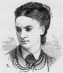 Porträtt av Dinah Felix (Dinah-Felix), fransk komiker, medlem av Comedie Francaise från 1862 till 1882. Gravyr i "" Le Monde Illustré"" nr 1168 den 16 augusti