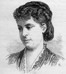 Porträtt av Edile Riquer, fransk komiker, medlem av Comedie Francaise från 1856 till 1884. Gravyr i "" Le Monde Illustré"" n¡1168 av 16 augusti 1879.