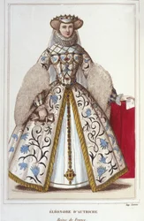 Porträtt av Eleonore av Habsburg (eller Österrike) (1498-1558). Ärkehertiginna av Österrike, drottning av Portugal sedan drottning av Frankrike, andra fru till Francois I. gravyr från 1830