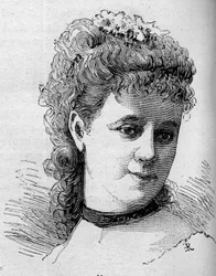 Porträtt av Emilie Broisat (1848-1929), fransk komiker, medlem av Comedie Francaise. Gravyr i "" Le Monde Illustré"" nr 1168 av 16 augusti 1879.
