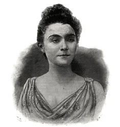 Porträtt av Emma Laure Esther Guilbert, dit Yvette Guilbert (1865-1944) Fransk sångerska vid kaffekonserten - Gravyr från 1892