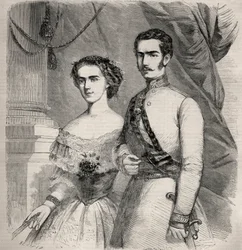 Porträtt av kejsar Francois Joseph (Francois Joseph) I av Österrike (1830-1916) och hans hustru Elisabeth av Wittelsbach (1837-1898) (sissi). Gravyr i ”Le Monde illustrious”” från 1857. Privat samling.
