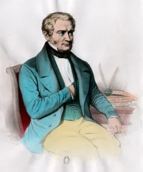 Porträtt av Etienne Cabet (1788 - 1856), fransk socialistisk teoretiker. Gravyr av 1800-talet. Privat samling.