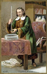 Porträtt av Evangelista Torricelli eller Toricelli (1608 - 1647), italiensk fysiker med sin uppfinning Barometern (kvicksilverrör). Kromolitografi av 1800-talet.