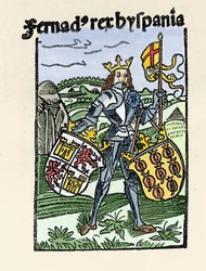 Porträtt av Ferdinand I av Aragon den rättvise (1380-1416) kung av Spanien. Gravyr från "" De insulis in mare Indico super inventis"", Bale 1493-1494 (latinsk översättning av Columbus rapport till kungen av Spanien).