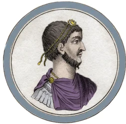 Porträtt av Flavius Claudius Julianus (331-363), kallad Julianus den avfällde även kallad Filosofen Julian eller Julian II eller Kejsaren Julian. Gravyr av 1800-talet.