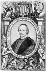 Porträtt av Francesco Grimani, venetiansk kyrklig på 1500-talet. Han var biskop och patriark av Venedig. Gravyr