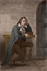 Porträtt av Francois Babeuf dit Gracchus (1760-1797), fransk revolutionär, knivhugg sig själv - Anonym gravyr