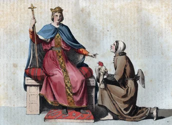 Porträtt av Fredrik II av Hohenstaufen Helige romerske kejsare med sin falkonerare - Porträtt av Fredrik II av Hohenstaufen (1194-1250), kung av det heliga romerska riket med sin falkonerare - gravyr från "" Usi e Costumi di Tutti i i Popoli dell