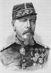 Porträtt av general Lecomte som sköts av rebellerna 1871. Gravyr av slutet av 1800-talet i "Histoire de France"" av H. Martin.