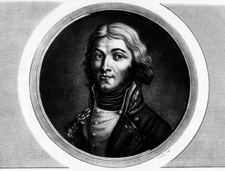 Porträtt av general Louis Lazare Hoche (1768-1797). Gravyr i "" Komplett samling av historiska målningar från den franska revolutionen, i tre volymer.""" 1804.