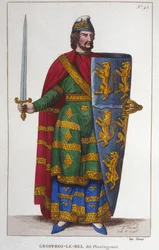 Porträtt av Geoffroy V sa Le Bel eller Plantagenêt greve av Anjou (1113-1151). Gravyr från 1830