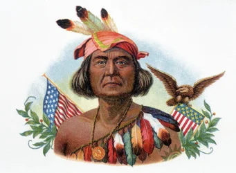 Porträtt av Geronimo, Apache-kock framför amerikanska flaggor. Kromolitografi av 1800-talet.