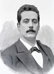 Porträtt av Giacomo Puccini, italiensk kompositör (1858-1924), gravyr från 1800-talet.