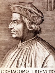 Porträtt av Giangiacomo Trivulzio (marskalk Trivulce) Marquis de Vigevano på franska Trivulce. Marskalk av Frankrike (1448 till 1518). Gravyr från 1600-talet