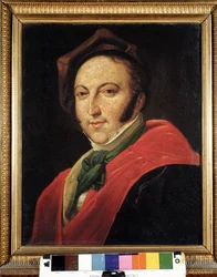 Porträtt av Gioacchino Rossini (1792-1868) med hatt. Anonym målning. Bibliografiska museet. Bologna