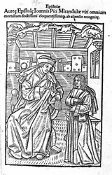 Porträtt av Giovanni Pico della Mirandola (Jean Pic de la Mirandole). Titelsida för "" Epistole auree ""
