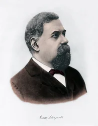 Porträtt av Giovanni Virginio Schiaparelli (1835-1910), astrofysiker. Han observerade rätlinjiga konfigurationer på planeten Mars, som han kallade Marskanalerna (canali). Gravyr från omkring 1900