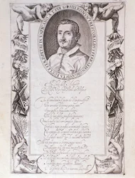 Porträtt av Girolamo Frescobaldi (1583-1643) italiensk kompositör Gravyr från frontispice av "" Tocrate "" partitur. 1637. Bologna, Civic Museum Museum