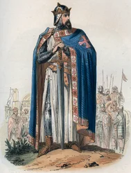 Porträtt av Godefroy (Godefroi) de Bouillon (1061-1100) i korsdräkt. Gravyr från 1868 i "Histoire de Belgique från primitiv tid till slutet av Leopold I:s rege"" av Theodore Juste (1818-1888). Privat samling.