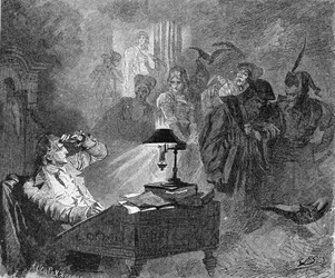 Porträtt av Goethe omgiven av Faust karaktärer Gravyr