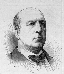 Porträtt av Henri Maubant (1821-1908), fransk komiker, medlem av Comedie Francaise. Gravyr i "" Le Monde Illustré"" nr 1168 av 16 augusti 1879.