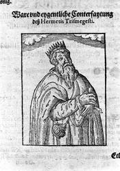 Porträtt av Hermes Trimegiste (Trismegistus), astrolog. Gravyr från "Alchimia Nova" av Giovanni Battista Birelli
