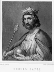 Porträtt av Hugues I Capet (v. 941 - 996), hertig av Frankrike och sedan kung av Frankrike - i "Histoire des Français"" av Lavallée, gravyr, sd.