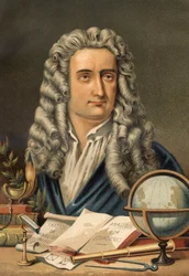 Porträtt av Isaac Newton (1642-1727), engelsk matematiker, fysiker och astronom. från "Science and its Men" av Louis Figuier. Barcelona 1881