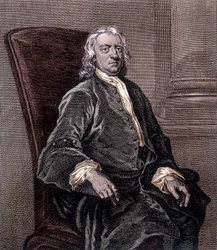 Porträtt av Isaac Newton sittande i en fåtölj - gravyr