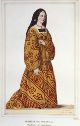 Porträtt av Isabella av Portugal (1397-1472) hertiginna av Bourgogne fru till Filip den gode. Gravyr från 1830