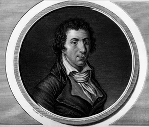 Porträtt av Jacques Pierre Brissot dit Brissot de Warville (1754-1793), deputerad av Nationalkonventet. Gravyr i "" Komplett samling av historiska målningar från den franska revolutionen, i tre volymer.""" 1804.