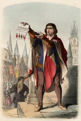 Porträtt av Jacques eller Jacob van Artevelde (1287-1345), flamländsk politiker. Gravyr från 1868 i "Histoire de Belgique från primitiv tid till slutet av Leopold I:s rege"" av Theodore Juste (1818-1888). Privat samling.