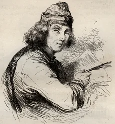 Porträtt av Jacques van Maerlant (Jacob van Maerlant) (1240-1300) flamländsk författare. Gravyr från 1868 i "Histoire de Belgique från primitiv tid till slutet av Leopold I:s rege"" av Theodore Juste (1818-1888). Privat samling.