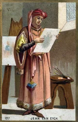 Porträtt av Jan Van Eyck (1390 -1441) flamländsk målare - huvudbonad av en liripipion. Kromolitografi av 1800-talet.
