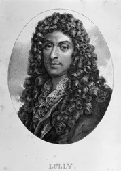 Porträtt av Jean Baptiste Lully (Giovanni Battista Lulli) (1632-1687), fransk kompositör av italienskt ursprung. Gravyr 1800-talet.