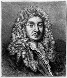 Porträtt av Jean Baptiste Lully (Giovanni Battista Lulli) (1632-1687), fransk kompositör av italienskt ursprung. Från en tidstypisk gravyr. Gravyr i "" Nature: granskning av vetenskaperna och deras tillämpningar på konst och industri "" av 7 maj 1887.