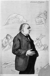 Porträtt av Jean Martin Charcot (1825 - 1893) med teckningar som föreställer patienter som lider av hysteri