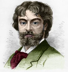 Porträtt av Jean Sully Mounet dit Mounet-Sully (Mounet Sully) (1841-1916), fransk komiker, medlem av Comedie Francaise. Gravyr i "" Le Monde Illustré"" nr 1168 av 16 augusti 1879.