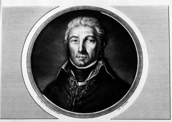 Porträtt av Jean Victor (Jean-Victor) Moreau (1763-1813) general från Armee du Rhine. Gravyr i "" Komplett samling av historiska målningar från den franska revolutionen, i tre volymer.""" 1804.
