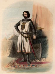 Porträtt av Johannes (Johann) I av Brabant, känd som den segerrike (1253-1294), var hertig av Brabant 1267-1294 och hertig av Limburg 1288-1294. Gravyr från 1868 i "Histoire de Belgique från primitiv tid till slutet av Leopold I:s rege"" av